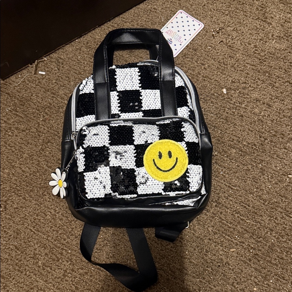 NWT Black & White Sequin Checker Mini Backpack with Yellow Smile Patch